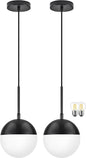 6 Inch Black 2 Pack Mid Century Modern Pendant Light Pendants for Kitchen Island Frosted Milky White Glass Globe Height-Adjustable Modern Hanging Globe Pendant Light for Bedroom (Bulb Incl)