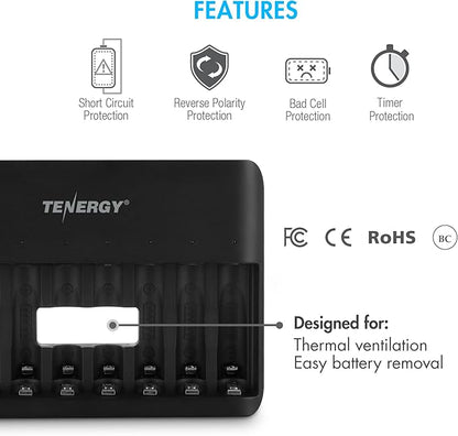 Tenergy TN477U 8-Bay Fast Charger for NiMH/NiCD AA AAA Rechargeable Batteries with 8pcs 1000mah AAA Rechargeable Batteries