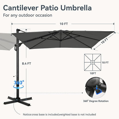 GREEN PARTY 10x10 ft Cantilever Patio Umbrella with Base, Rectangle Offset Outdoor Umbrellas with 360° Rotation, 5-Year-Non-Fading Hanging Pool Umbrella for Garden Deck Poolside - Grey
