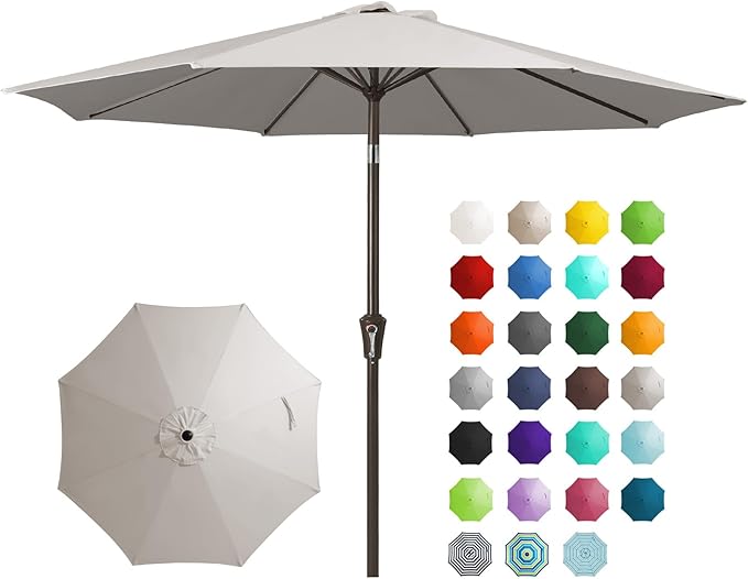 JEAREY 9FT Outdoor Patio Umbrella Outdoor Table Umbrella with Push Button Tilt and Crank, Market Umbrella 8 Sturdy Ribs UV Protection Waterproof for Garden, Deck, Backyard, Pool (Fog Gray)