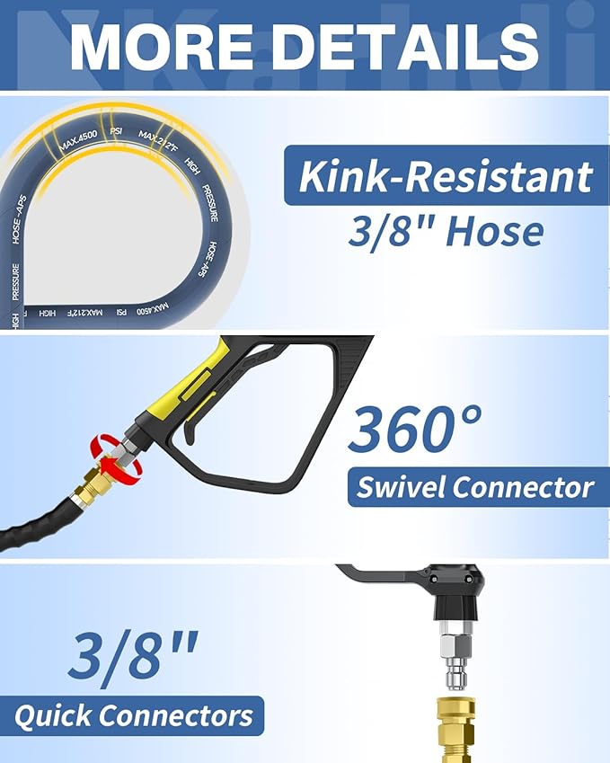 Pressure Washer Hose 75FT 3/8" for Cold and Hot Water 212°F, with Swivel Quick Connect, 4500PSI Kink Resistant Grade Steel Wire Braided, Power Washer Hose With 2pcs M22-14mm Adapter
