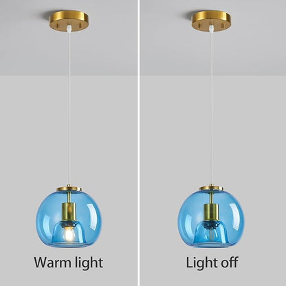 Light Blue Glass Pendant Lights Kitchen Island Gold Hanging Light Fixture Glass Globe Pendant Light Modern Pendant Lighting for Kitchen Island Bedroom Dining Room (7.87", B Style-2 Pack)