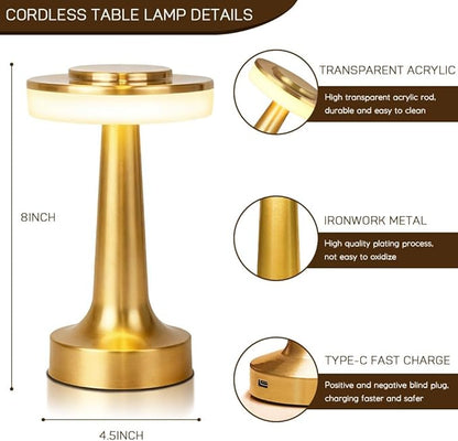 JHPGEOE Cordless Metal Desk Lamp, Touch Sensor Control LED Table Lamp, 3 Color Stepless Dimmable Battery Powered Lamp for Living Room, Dorm, Home Office (Gold)