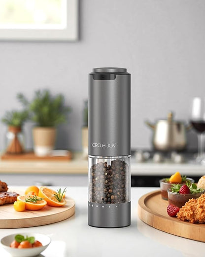 CIRCLE JOY Rechargeable Electric Salt and Pepper Grinder Set with Base, Aluminum Alloy Pepper Mills with 95ml Container, White LED Light and External Adjustable Coarseness, Space Grey