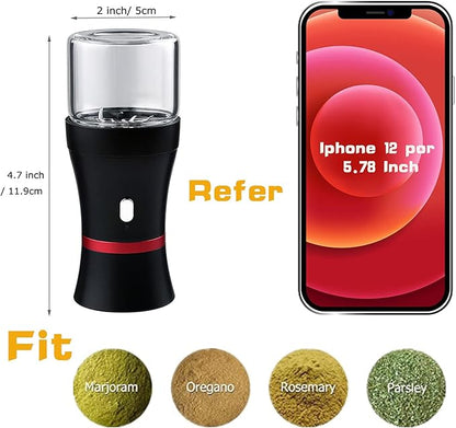Electric Herb Grinder COMPACT Size, Fast Grinding for Flower Buds, Updated 6 Blades Spice Grinder, USB-Rechargeable Electric Grinder with 2 x 1.7oz/50ml Glass Herb Jars and a Mini Shovel