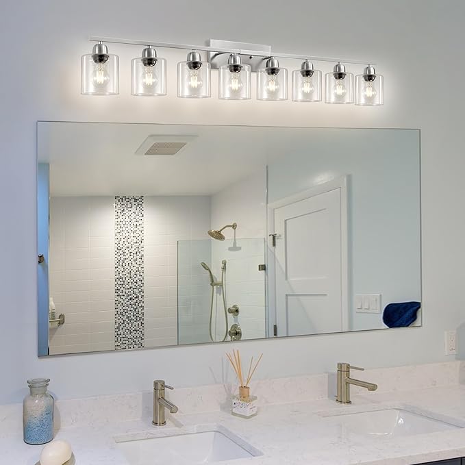 Modern Brushed Nickel 8 Light Bathroom Light Fixtures,52 inch Vanity Lights with Clear Glass, Bathroom Light Fixture for Mirror Kitchen Living Room Hallway Cabinet Porch