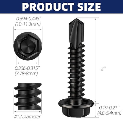 MewuDecor #12 x 2 (5/8" to 3" Available) Hex Washer Head Self Drilling Sheet Metal Screws with Drill Point, Stainless Steel 410, Black Oxide, 50 PCS