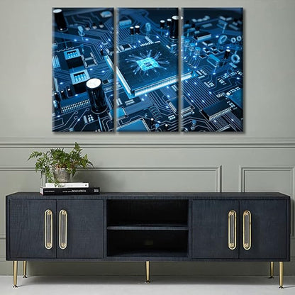 Circuit Board Wall Decor 3 Panels Motherboard Digital Chip Pictures Wall Decor for Bedroom Information Technology Artwork Posters and Prints Wall Decor Living Room Framed Ready to Hang (36"Wx24"H)