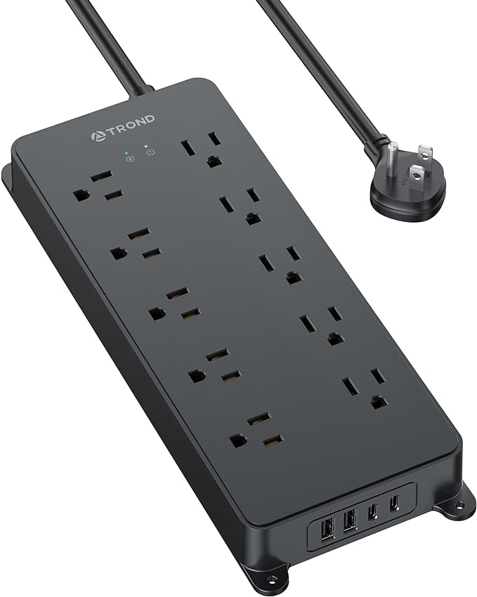 TROND Power Strip Surge Protector, 4000J, ETL Listed, 10 Widely Spaced Outlets with 2 USB A and 2 USB C, Flat Plug 5ft Extension Cord, Wall Mountable, 14AWG Heavy Duty, for Home Office Garage, Black