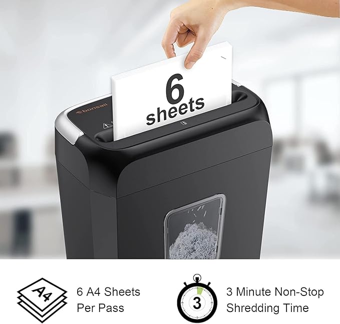 Bonsaii Paper Shredder for Home Use, 3.4 Gal Wastebasket, 6 Sheet Crosscut Paper Credit Cards, Staples, and Clips Shredder for Home Office Use, Portable Handle Design (C237-B New Version)