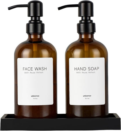 Glass Soap Dispenser Set for Kitchen, Hand and Dish Soap Dispenser with Stainless Steel Pump & Resin Tray, Rental-Modern Refillable Countertop Soap Dispenser for Kitchen Hotel,Amber