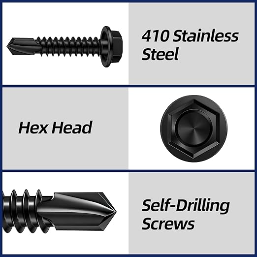 MewuDecor #10 x 1/2" (1/2" to 3" Available) Hex Washer Head Self Drilling Sheet Metal Screws with Drill Point, Stainless Steel 410, Black Oxide, 100 PCS