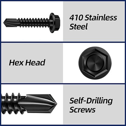 MewuDecor #10 x 1/2" (1/2" to 3" Available) Hex Washer Head Self Drilling Sheet Metal Screws with Drill Point, Stainless Steel 410, Black Oxide, 100 PCS