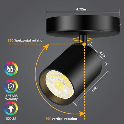 VANoopee Flush Mount LED Ceiling Spotlight Dimmable Adjustable Spotlight Directional Spot Lights Indoor Bright Can Accent Fixture for Living Room Bedroom - CRI90 Flicker Free 10W 800lm 3000K Black