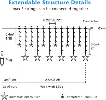 Blingstar Star Curtain Lights - 138 LED 12 Star Lights, 8.2ft Extendable, 8 Modes, Remote, Cool White