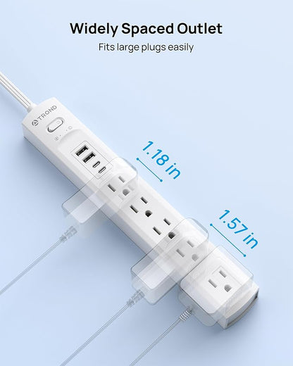 TROND Surge Protector Power Strip with 360° Rotating Flat Plug, 5 Widely Spaced Outlets with 2 USB C and 2 USB A, 1440J Surge Protector, Wall Mountable, Extension Cord 6ft for Home Office Dorm, White