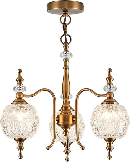 Vintage Pendant Light Fixtures, 3-Light Chandeliers for Kitchen Antique Gold Glass Pendant Lighting Matte Brushed Brass Finish with Crystal Glass Shade for Farmhouse Hotel Kitchen Island