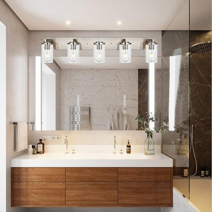 BONLICHT Brushed Nickel Bathroom Light Fixtures 5 Light Modern Vanity Lights Industrial Glass Wall Sconce Farmhouse Bath Lighting Over Mirror Wall Mount for Kitchen Living Room Hallway Workshop