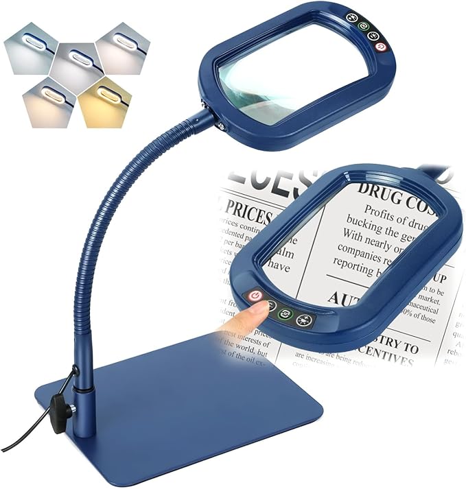 Veemagni 10X Rectangle Magnifying Glass with Light and Stand, Flexible Gooseneck LED Lighted Desk Lamp, 5 Color Modes Stepless Dimmable, Hands Free Magnifier for Reading Painting Close Work - Blue