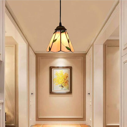 Tiffany Style Pendant Lamp 6 Inch Vintage Mini Stained Glass Green Leaves Shade E27 35 Inch High Pendant Light for Bedroom Living Room 110V-240V