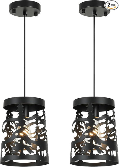 2 Pack Rustic Pendant Lights with Bear and Deer Design, 1-Light Black Round E26 Base Cage Metal Fixture Adjustable Hanging Height for Kitchen Island, Hallway, Dining Room, Foyer, Bedroom