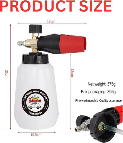 High Pressure Foam Cannon for Pressure Washer, 1L Heavy-Duty Car Wash Sprayer with Brass Connector, Fits Most Pressure Washers, Includes Microfiber Gloves