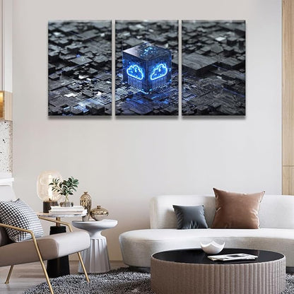 LSIUHWUWI Wall Art for Living Room 3 Panel Cloud Computing and Vetwork Security Concept Pictures Posters Contemporary Wall Decor for Home Office Hotel Wall Wooden Framed Ready to Hang 16x24inchx3