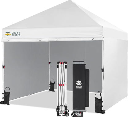 CROWN SHADES Pop Up Canopy Tent, 8x8 Commercial Canopy Tent with 4 Sidewalls, 4" Wheels, 4 Upgraded Weights, Patented Centerlock, 400D Fabric, Sto'N Go Bag, White