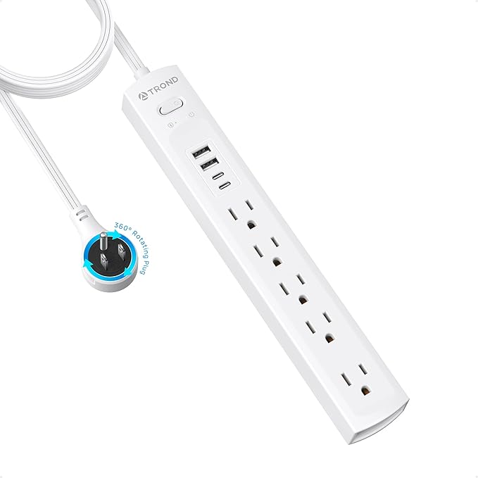 TROND 360° Rotating Plug Surge Protector Power Strip, 2 USB C and 2 USB A, 5 Widely Spaced Outlets, 1440J Surge Protection, Wall Mountable, Flat Cord Extension Cord 10ft for Home Office Dorm, White