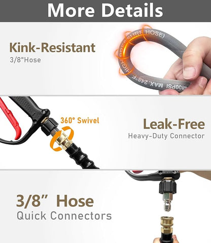 3/8" Pressure Washer Hose 200FT 4800 PSI, Kink Resistant Steel Braided Layer & NonMarking Rubber for Hot/Cold Water, High Power Washer Hose With 3/8 Inch Quick Connect & M22 Fitting, Gray