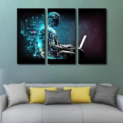 AI Poster Wall Art for Bedroom 3 Piece Computer Processor Canvas Printing Posters for Office Home Wall Decoration Wooden Framed and Stretched Ready to Hang, 60" Wx40 H