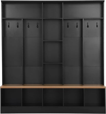 66.9" Wide Hall Tree with Storage Bench, Shoe Cabinet with Cube Storage & Shelves, Coat Rack with 8 Hooks for Entryways