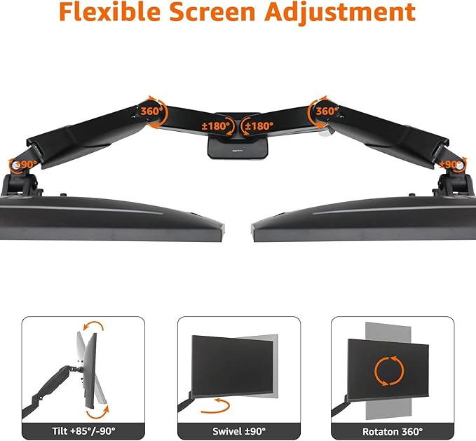 Amazon Basics Gas Spring Dual Computer Monitor Arm Mount, Adjustable, Holds up to 27" Monitors, Black
