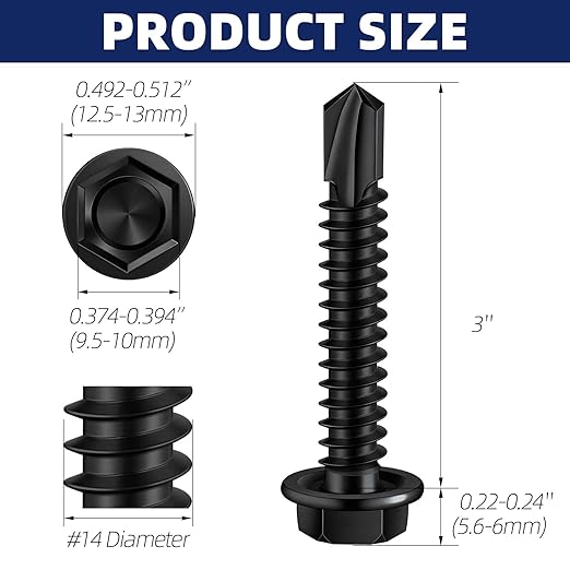 MewuDecor #14 x 3 (3/4" to 4" Available) Hex Washer Head Self Drilling Sheet Metal Screws with Drill Point, Stainless Steel 410, Black Oxide, 25 PCS