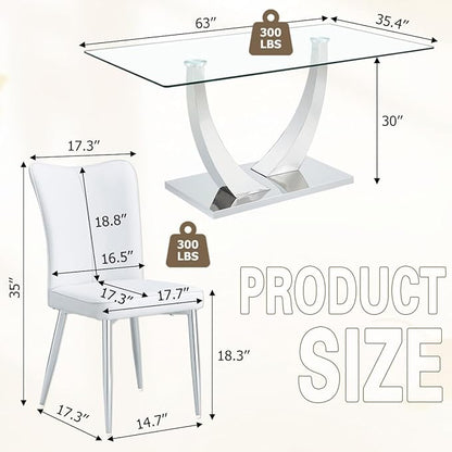 Glass Dining Table Set for 6,Dining Room Table Set for 6,Kitchen Table Set with 6 PU Leather Chairs,63'' Glass Dining Table Set with Silver U-Shaped Table Legs and Rectangular Base