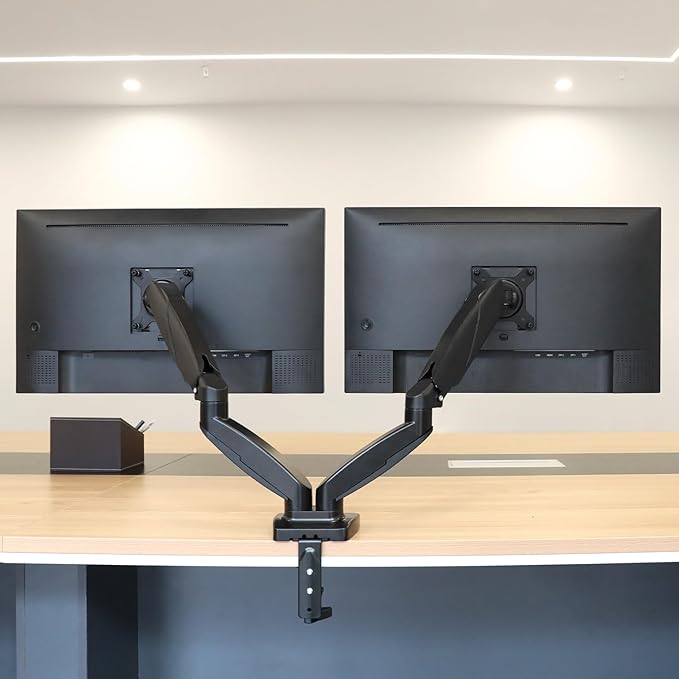 Amazon Basics Gas Spring Dual Computer Monitor Arm Mount, Adjustable, Holds up to 27" Monitors, Black