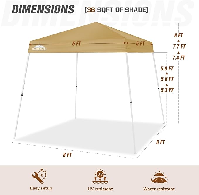 EAGLE PEAK 8x8 Slant Leg Pop-up Canopy Tent Easy One Person Setup Instant Outdoor Beach Canopy Folding Portable Sports Shelter 8x8 Base 6x6 Top (Beige)