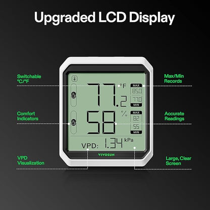 VIVOSUN AeroLab THB1 Wireless Bluetooth Hygrometer Thermometer Indoor, Smart Temperature Monitor, VPD, Digital Humidity Meter, LCD Remote Control & Alert, Data Storage, Dual Channels, Battery Included