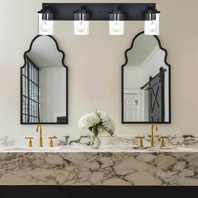 BONLICHT Modern Wall Bathroom Vanity Light Fixture 4 Light Black Metal with Clear Glass Shade,Industrial Vintage Farmhouse Wall Mount Lighting Sconce Bath Lighting Over Mirror for Kitchen Hallway