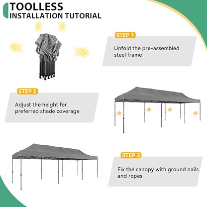 COBIZI 10x30 Pop up Canopy Tent Heavy Duty Without Sidewalls, Easy Set-up Commercial Outdoor Party Canopy, 100% Waterproof Wedding Gazebo, 3 Height Adjustable with Wheeled Bag, Gray