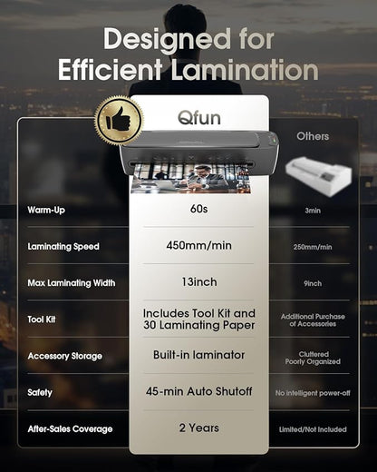 Qfun Laminator Machine 13 Inch Thermal Laminating machine 11x17 with Sheets, Cold Hot Lamination Machine 60S Warm Up Personal Laminator for Teachers, Large A3 Paper Laminate Kit for Office School Home
