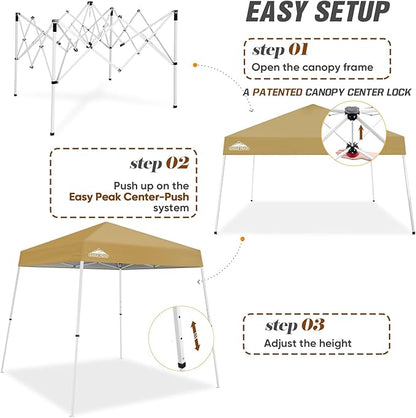 EAGLE PEAK 8x8 Slant Leg Pop-up Canopy Tent Easy One Person Setup Instant Outdoor Beach Canopy Folding Portable Sports Shelter 8x8 Base 6x6 Top (Beige)