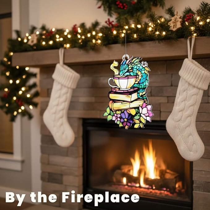 Book Dragon Christmas Ornament Bookish Acrylic Suncatcher Stained Glass Effect Window Hanging for Book Lover Fantasy Reading Nook Decor Gift for Librarian Readers