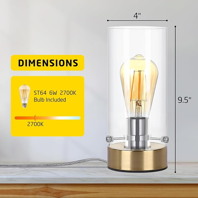 Table Lamp for Bedroom Living Room, Bedside Modern Nightstand Lamp with Glass Lamp Shape, 2700K 6W Glass Bulb Included(Gold).