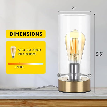 Table Lamp for Bedroom Living Room, Bedside Modern Nightstand Lamp with Glass Lamp Shape, 2700K 6W Glass Bulb Included(Gold).