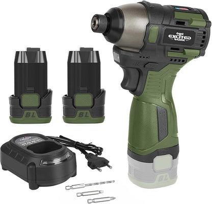 17V Brushless Screwdriver, 140Nm Cordless Impact Driver Set with 3 Adjustable Speed, 2 Batteries and Led Work Light