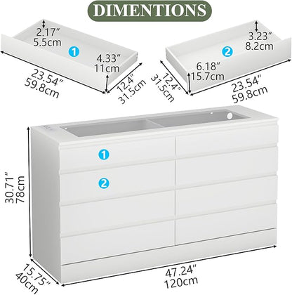 8 Drawer Dresser with Power Outlet, Modern Chest of Drawers with LED Light & Glass Top, Wood Double Dresser TV Stand with Organizer Storage for Bedroom, Living Room, Closet (White)