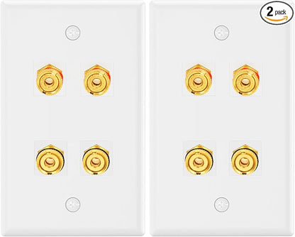VCE UL-Listed Speaker Wall Plate Gold-Plated, 4-Port Keystone Wall Plate with Banana Jack Binding Post Keystone Jack Insert, 2 Pack