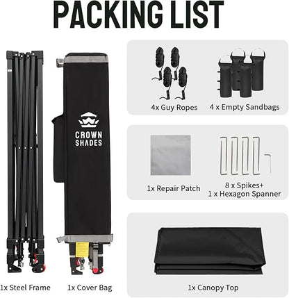 CROWN SHADES 10x10 Pop Up Canopy Tent - Patented Center Lock One Push Instant Outdoor Canopy Beach Tent with STO-N-Go Bag 8 Stakes & 4 Sand Bags，Black