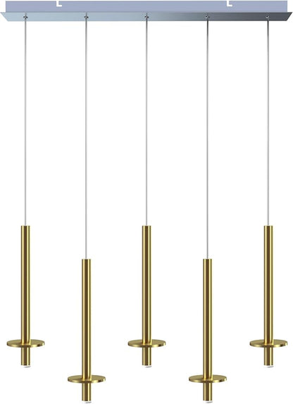Draco 5 Pendant Lighting Brass – LED Hanging Light Fixture for Kitchen Island, Bar, Foyer – Equilateral Cluster of Mini Metal Rod Pipe Tube Cylinders – Dimmable, Adjustable Wire, Lamp Bulb Included